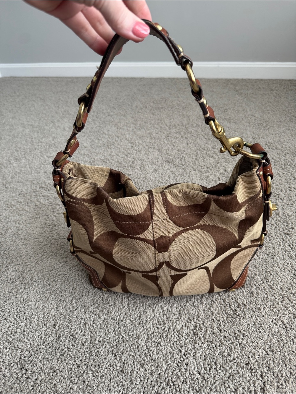 Coach Tan and Brown Signature Canvas Shoulder Bag with Leather Trim - Picture 3 of 8
